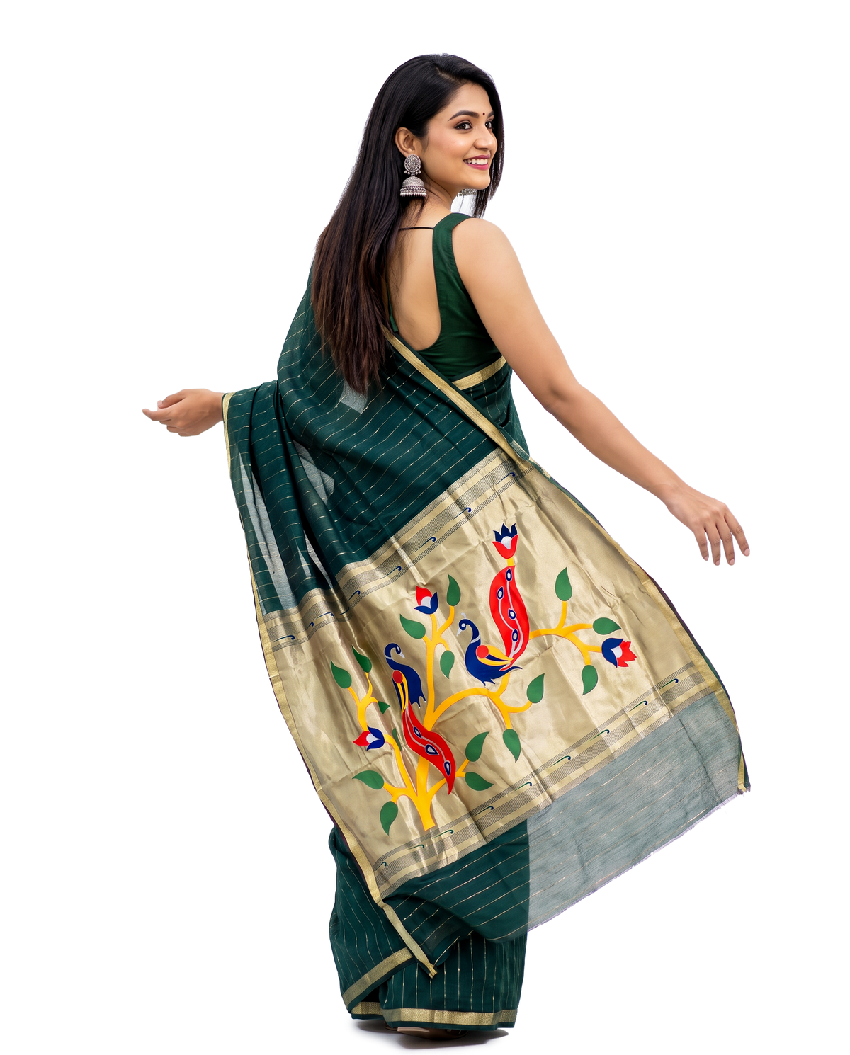 Women's Paithani Silk Blend Saree with Zari Woven Striped Lines and Peacock Floral Pallu including Unstitched Blouse Piece.