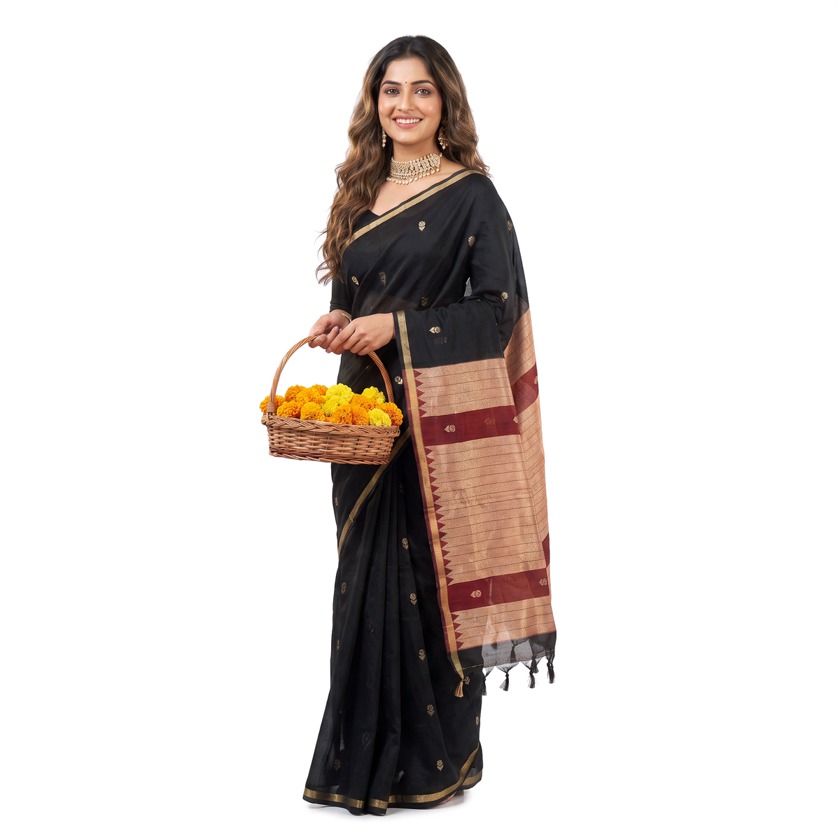 Women's Traditional Chanderi Cotton Linen Blend Saree with Zari Woven Border & Unstitched Blouse Piece.