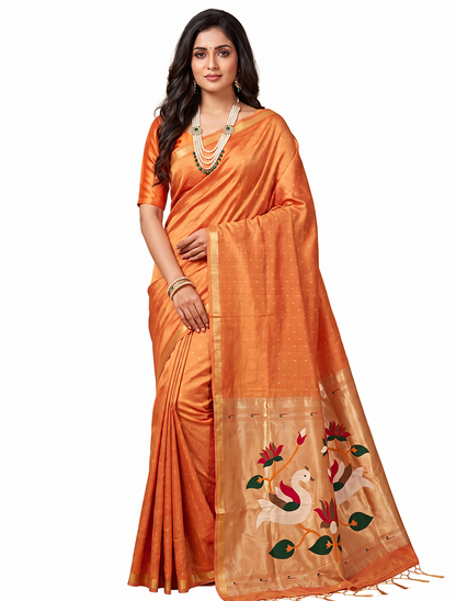 Women's Paithani Silk Saree with Unstitched Blouse Piece.