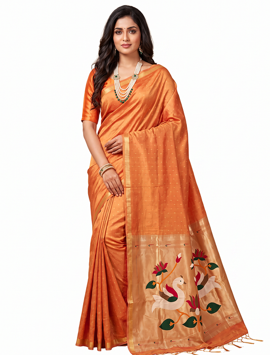 Women's Paithani Silk Saree with Unstitched Blouse Piece.