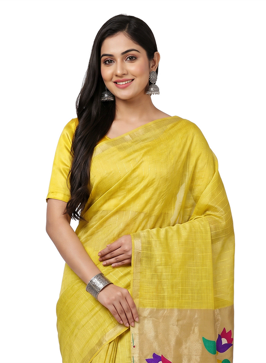Women's Paithani Style Woven Linen Cotton Saree with Unstitched Blouse Piece.