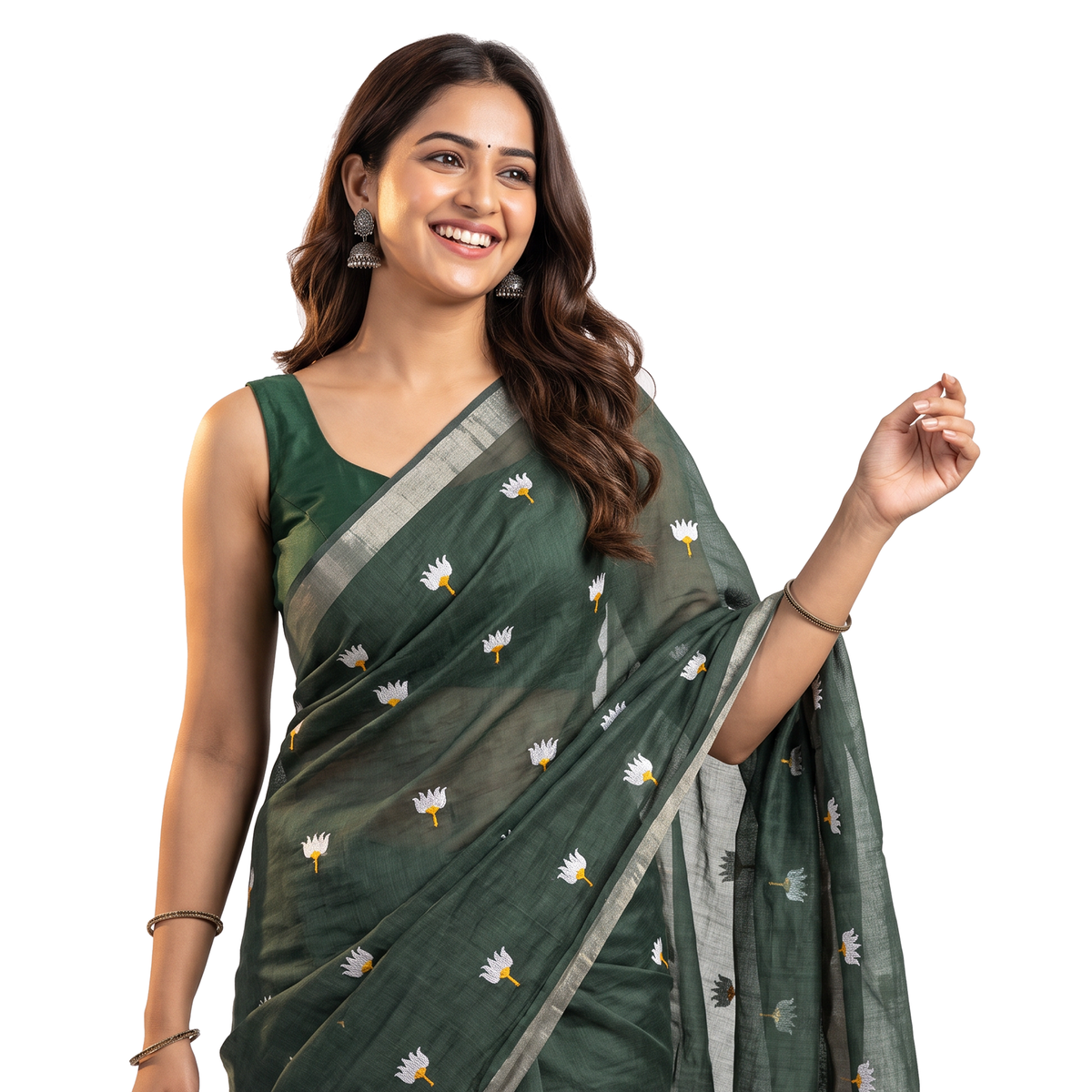 Women's Pure Linen Cotton Floral Embroidered Saree with Unstitched Blouse Piece.