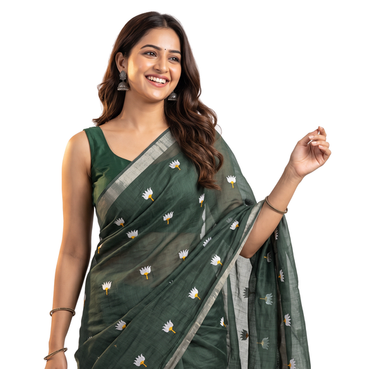 Women's Pure Linen Cotton Floral Embroidered Saree with Unstitched Blouse Piece.