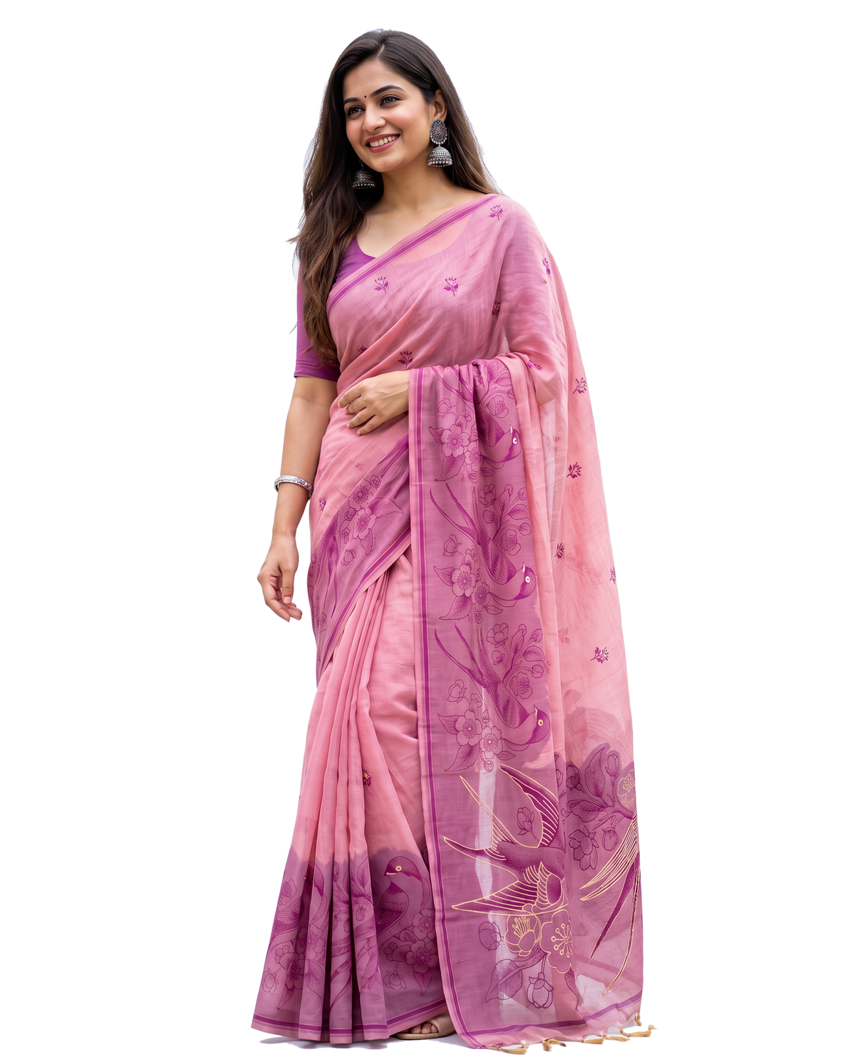 Women's Pure Linen Cotton Floral Embroidered Saree with Unstitched Blouse Piece.