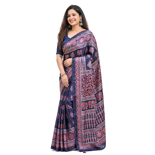 Shri Hari Sarees Women's Ethnic Ajrakh Mirror Printed Art Silk Saree with Unstitched Blouse Piece.