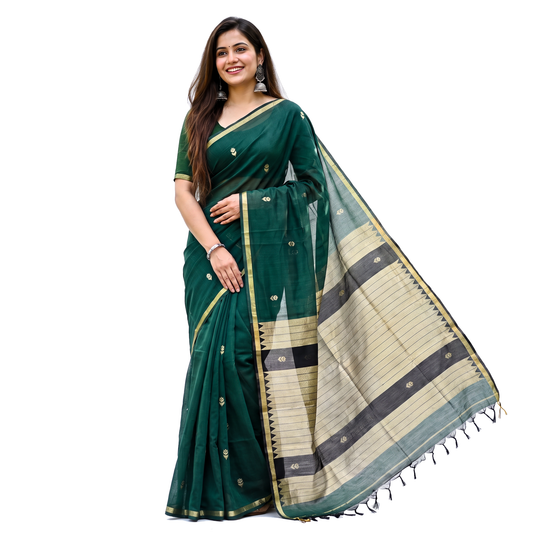 Women's Traditional Chanderi Cotton Linen Blend Saree with Zari Woven Border & Unstitched Blouse Piece.