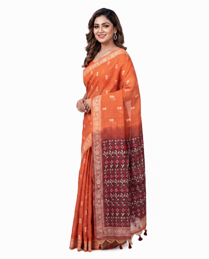 Women's Woven Design Linen Cotton Blend Saree with Unstitched Blouse Piece.