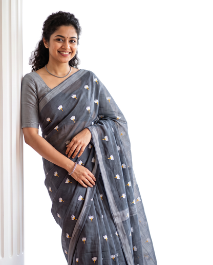 Women's Pure Linen Cotton Floral Embroidered Saree with Unstitched Blouse Piece.