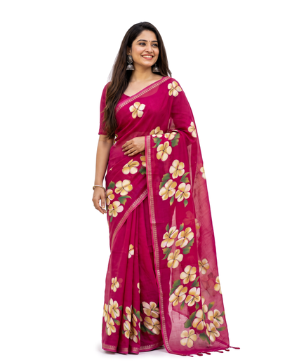 Women's Floral Hand Printed Dull Moss Saree with Unstitched Blouse Piece.