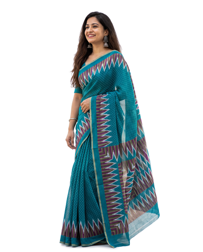 Women's Cotton Blend Ikat Print Saree with Unstitched Blouse Piece.