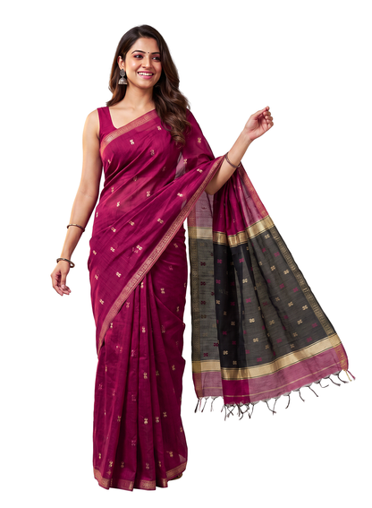 Women's Maheshwari Cotton Blend Woven Zari Saree with Unstitched Blouse Piece.