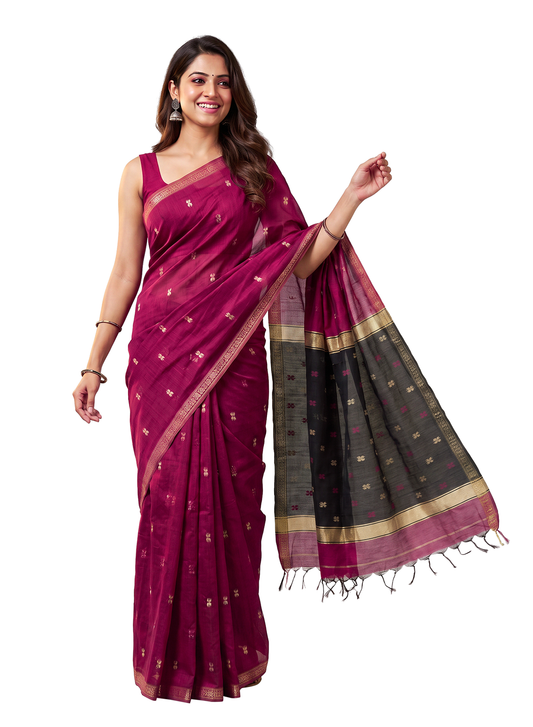 Women's Maheshwari Cotton Blend Woven Zari Saree with Unstitched Blouse Piece.