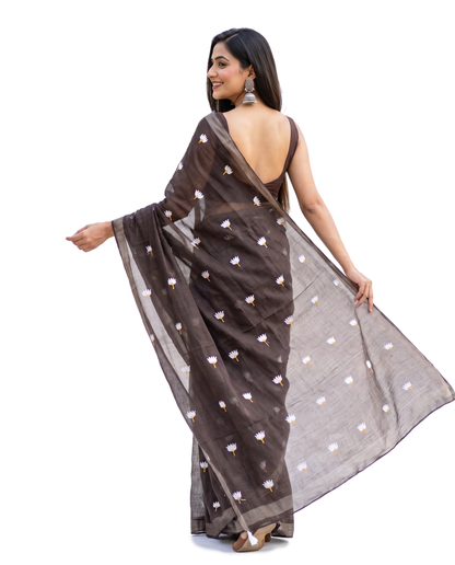 Women's Pure Linen Cotton Floral Embroidered Saree with Unstitched Blouse Piece.