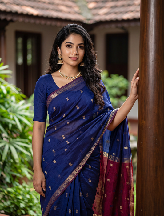 Women's Maheshwari Cotton Blend Woven Zari Saree with Unstitched Blouse Piece.