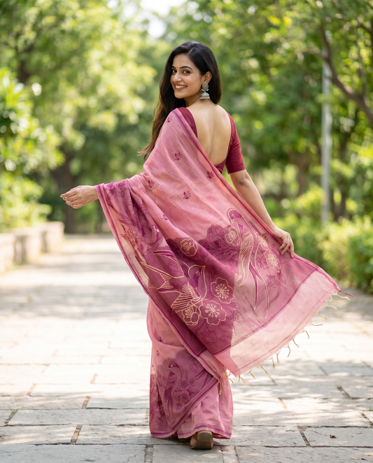 Women's Pure Linen Cotton Floral Embroidered Saree with Unstitched Blouse Piece.