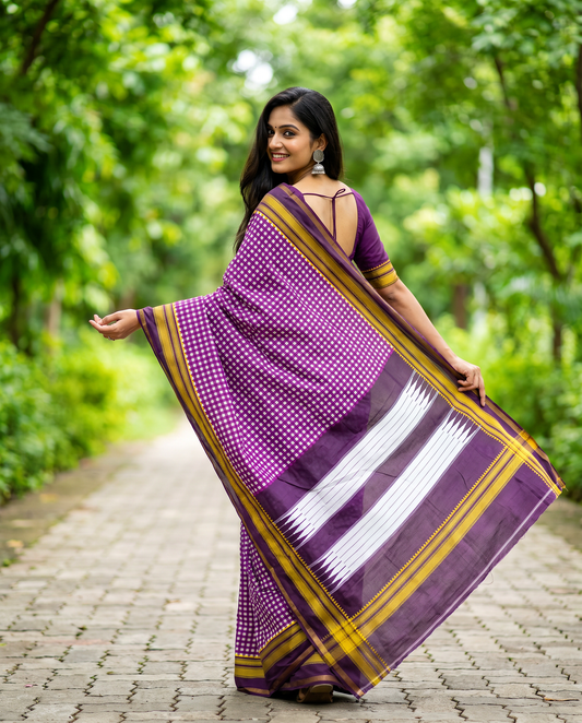Women's Synthetic Silk Blend Checked Saree with Contrast Border & Unstitched Blouse Piece.