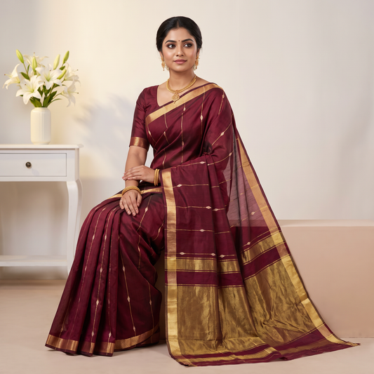 Women's Zari Maheshswari Cotton Blend Zari Woven Saree with Unstitched Blouse Piece.