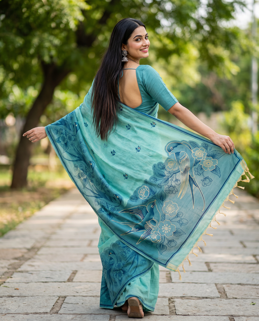 Women's Pure Linen Cotton Floral Embroidered Saree with Unstitched Blouse Piece.