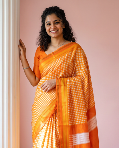 Women's Synthetic Silk Blend Checked Saree with Contrast Border & Unstitched Blouse Piece.