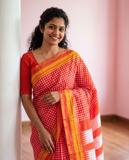 Women's Synthetic Silk Blend Checked Saree with Contrast Border & Unstitched Blouse Piece.