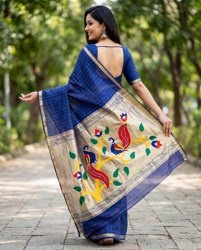 Women's Paithani Silk Blend Saree with Zari Woven Striped Lines and Peacock Floral Pallu including Unstitched Blouse Piece.