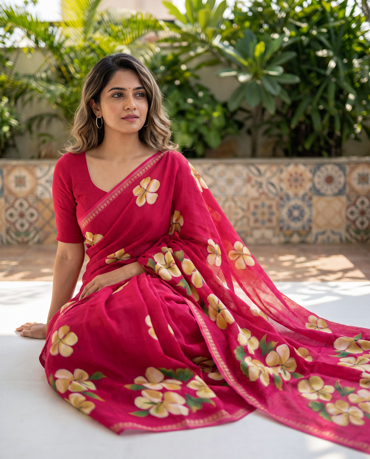 Women's Floral Hand Printed Dull Moss Saree with Unstitched Blouse Piece.