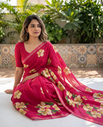 Women's Floral Hand Printed Dull Moss Saree with Unstitched Blouse Piece.