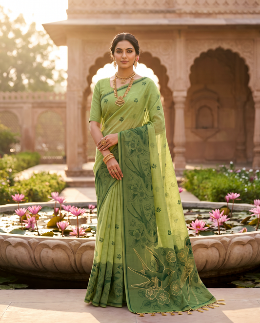 Women's Pure Linen Cotton Floral Embroidered Saree with Unstitched Blouse Piece.