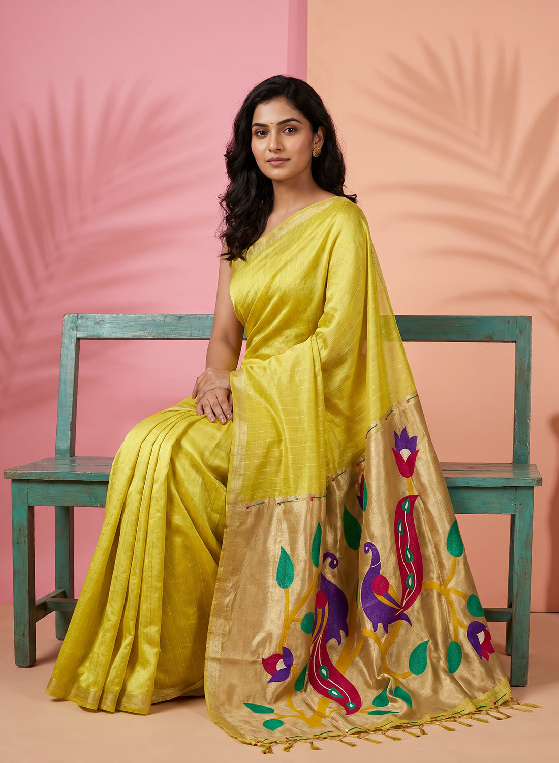 Women's Paithani Style Woven Linen Cotton Saree with Unstitched Blouse Piece.