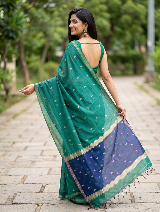 Women's Maheshwari Cotton Blend Woven Zari Saree with Unstitched Blouse Piece.