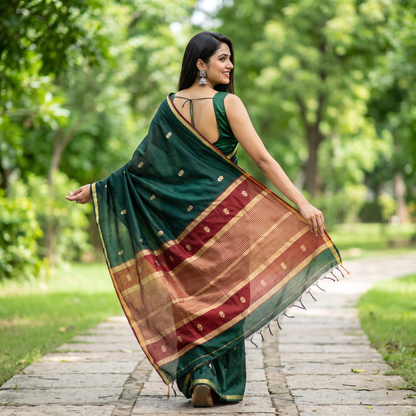 Women's Traditional Chanderi Cotton Linen Blend Saree with Zari Woven Border & Unstitched Blouse Piece.