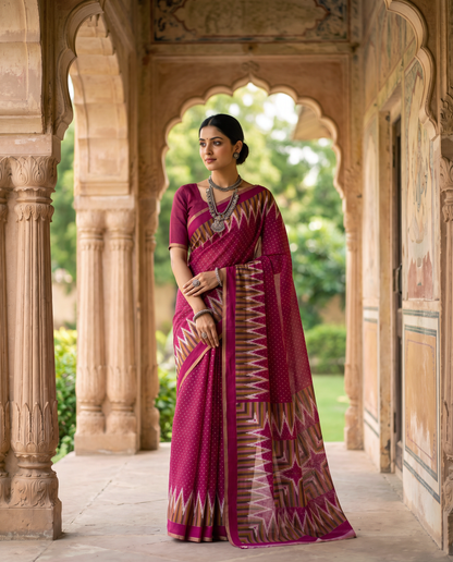 Women's Cotton Blend Ikat Print Saree with Unstitched Blouse Piece.
