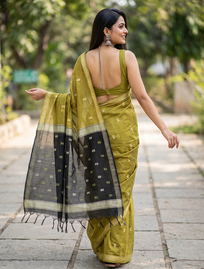 Women's Maheshwari Cotton Blend Woven Zari Saree with Unstitched Blouse Piece.