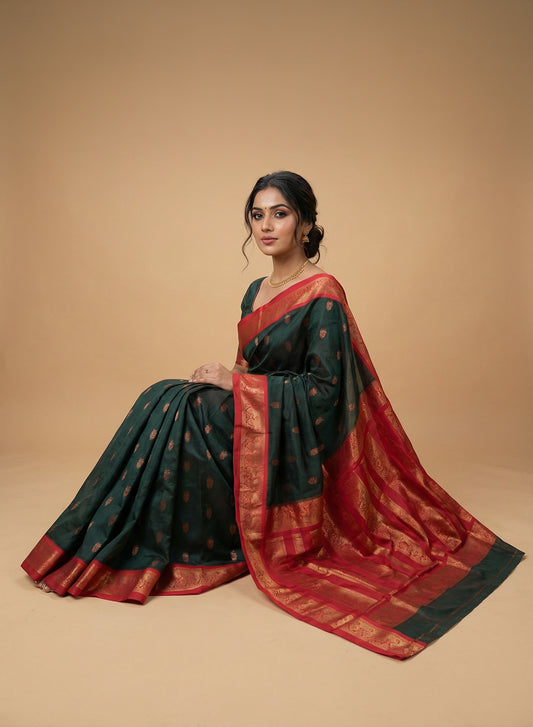 Women's Elegant Banarasi Kanjivaram silk and South Indian Gadwal Silk Cotton Handloom Saree Woven Design Ethnic Wear with Blouse Piece.