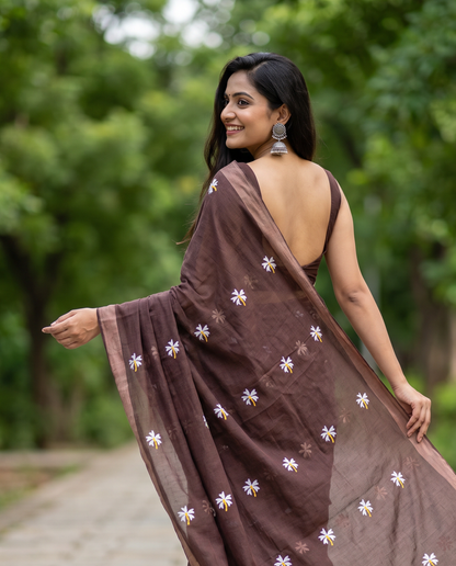 Women's Pure Linen Cotton Floral Embroidered Saree with Unstitched Blouse Piece.