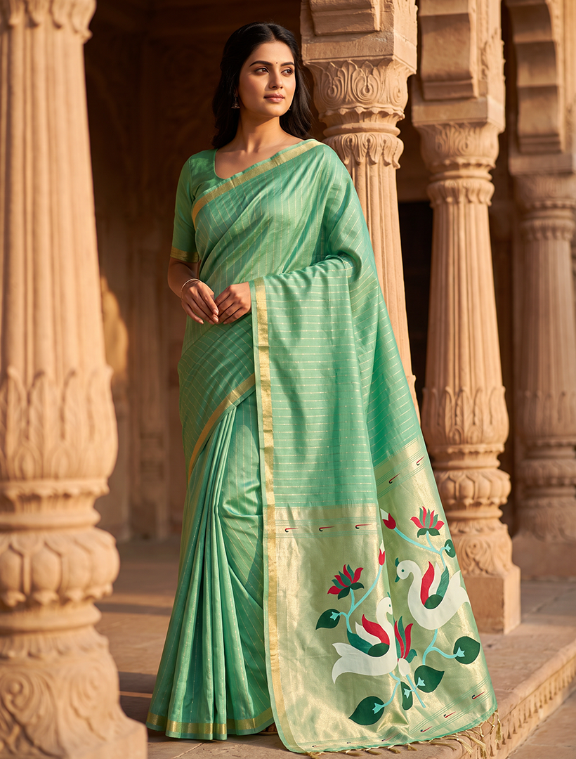 Women's Paithani Silk Saree with Unstitched Blouse Piece.
