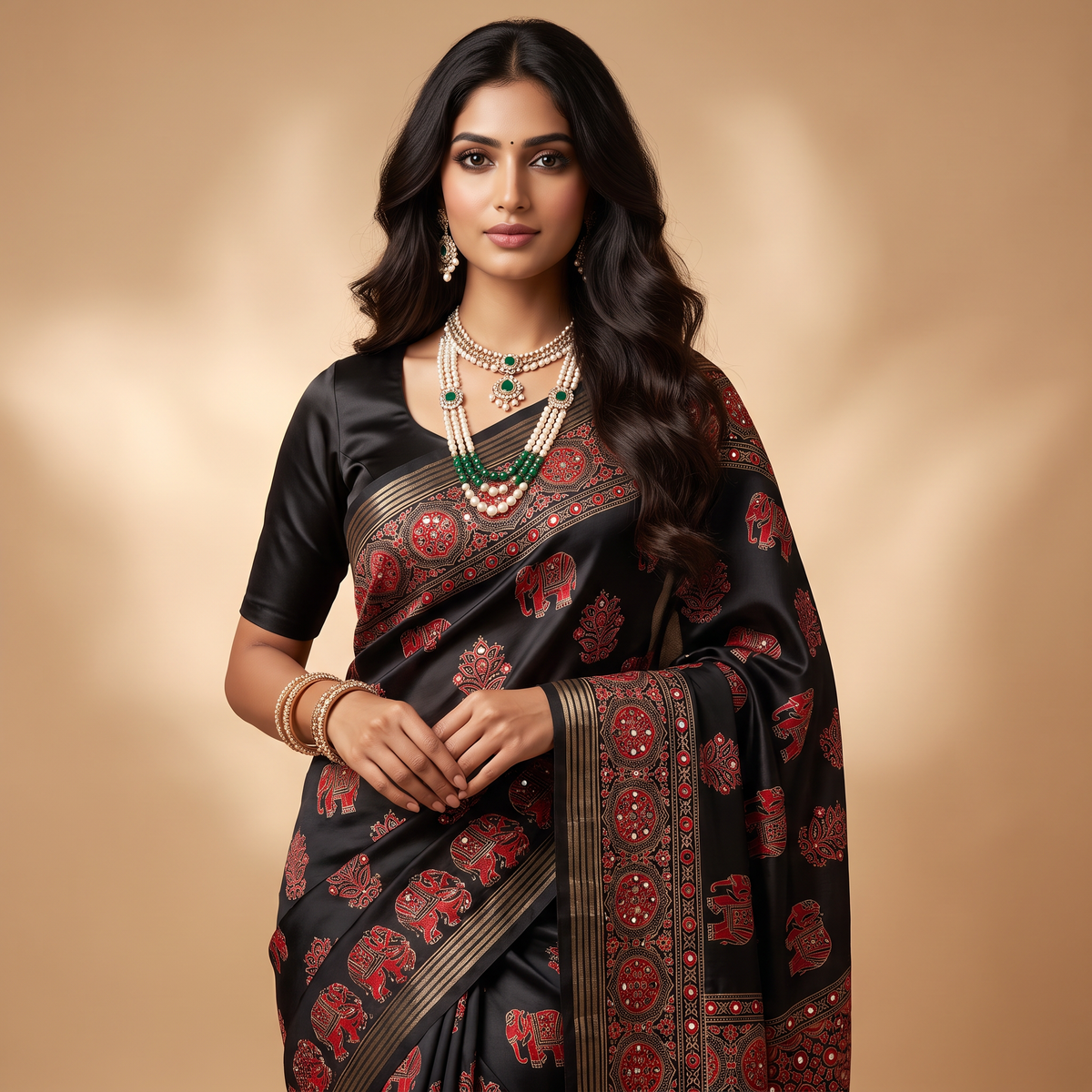 Shri Hari Sarees Women's Ethnic Ajrakh Mirror Printed Art Silk Saree with Unstitched Blouse Piece.