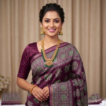Shri Hari Sarees Women's Ethnic Ajrakh Mirror Printed Art Silk Saree with Unstitched Blouse Piece.