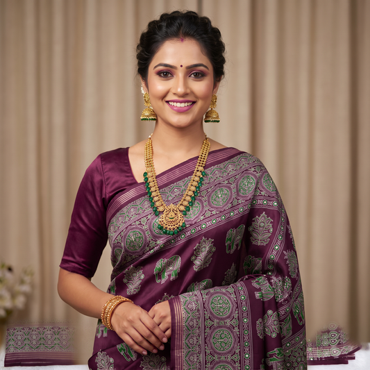 Shri Hari Sarees Women's Ethnic Ajrakh Mirror Printed Art Silk Saree with Unstitched Blouse Piece.