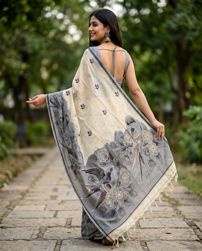 Women's Pure Linen Cotton Floral Embroidered Saree with Unstitched Blouse Piece.