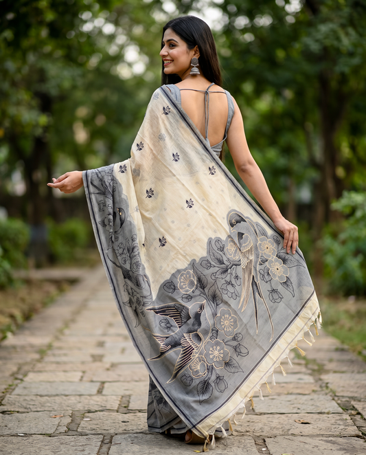 Women's Pure Linen Cotton Floral Embroidered Saree with Unstitched Blouse Piece.