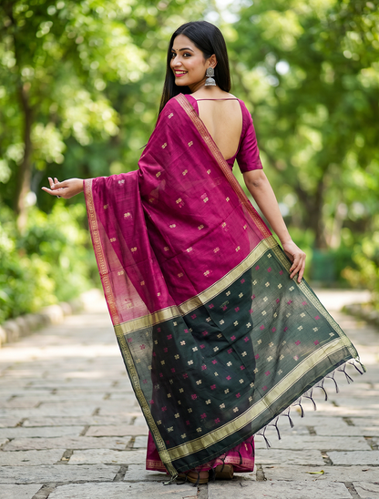 Women's Maheshwari Cotton Blend Woven Zari Saree with Unstitched Blouse Piece.