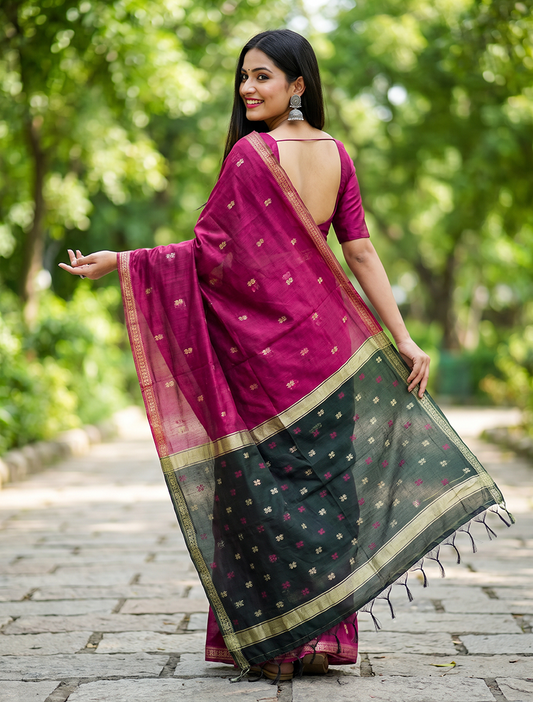 Women's Maheshwari Cotton Blend Woven Zari Saree with Unstitched Blouse Piece.