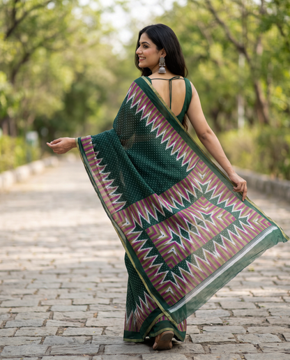 Women's Cotton Blend Ikat Print Saree with Unstitched Blouse Piece.
