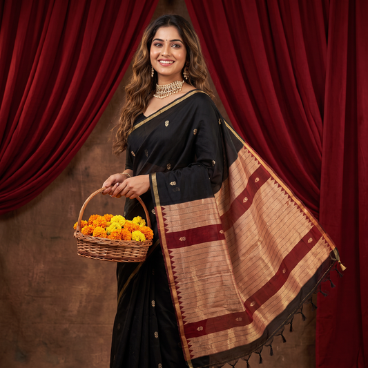Women's Traditional Chanderi Cotton Linen Blend Saree with Zari Woven Border & Unstitched Blouse Piece.