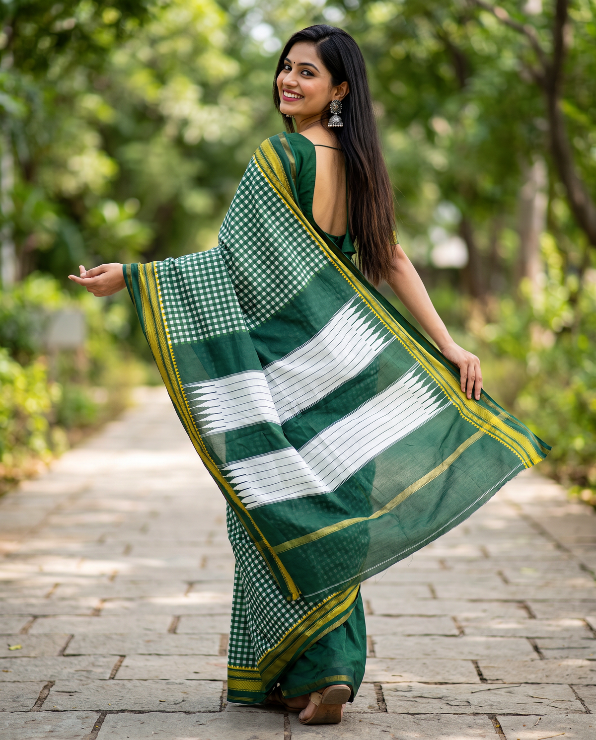 Women's Synthetic Silk Blend Checked Saree with Contrast Border & Unstitched Blouse Piece.