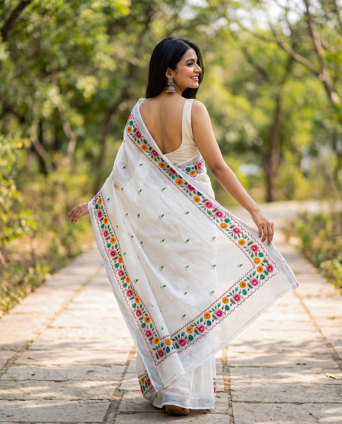 Women's Cotton Linen Blend Floral Printed Saree with Silver Zari Border & Unstitched Blouse Piece.