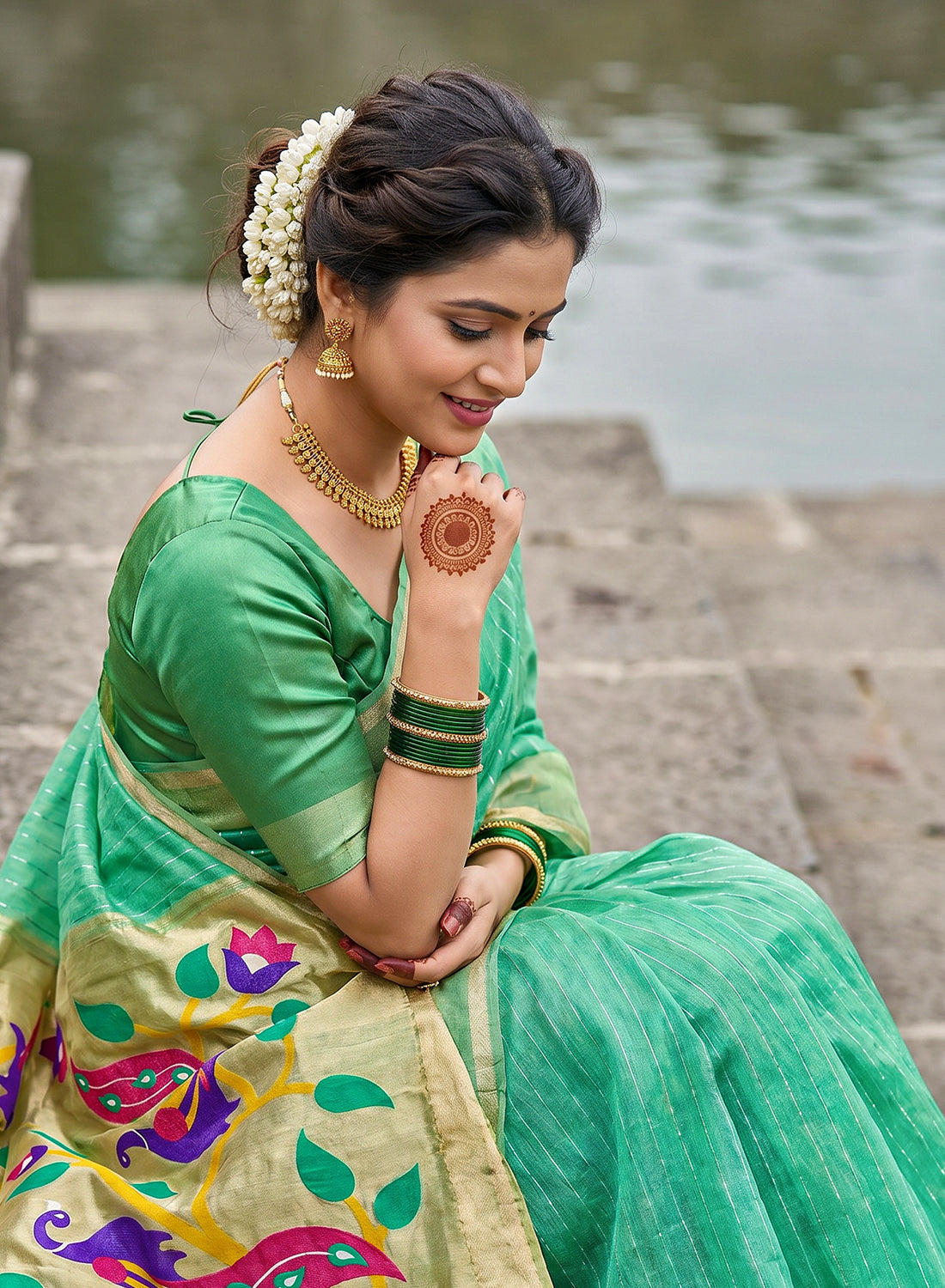 Women's Paithani Style Woven Linen Cotton Saree with Unstitched Blouse Piece.