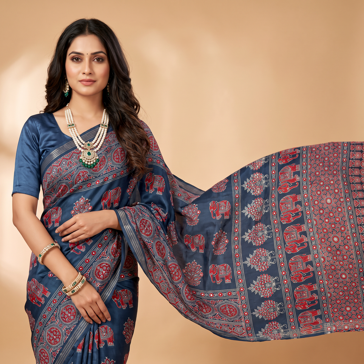 Shri Hari Sarees Women's Ethnic Ajrakh Mirror Printed Art Silk Saree with Unstitched Blouse Piece.