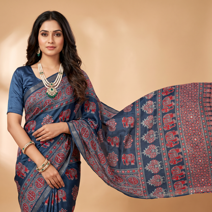 Shri Hari Sarees Women's Ethnic Ajrakh Mirror Printed Art Silk Saree with Unstitched Blouse Piece.